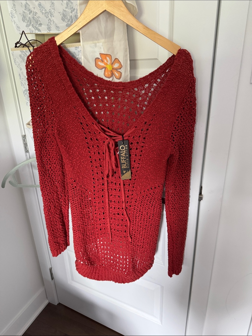 Buffalo david bitton Red Crochet Lace-Up Women's Sweater